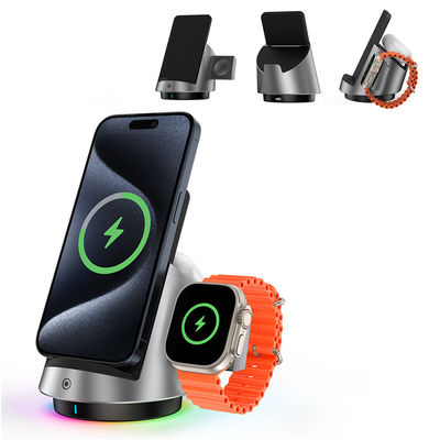 comprare 3 in 1 Dual Coil Desktop Wireless Charger Dock con effetto luce RGB online manufacture